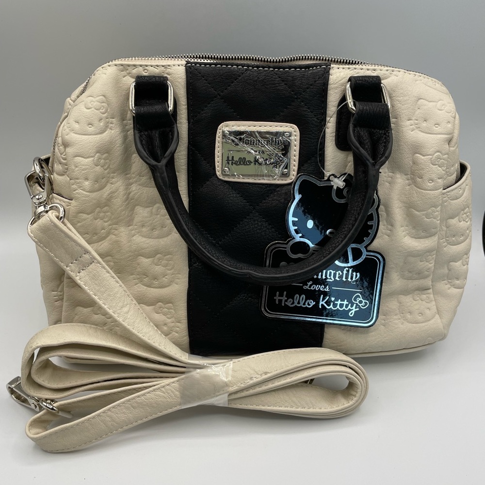 Loungefly Hello Kitty Embossed Quilted Duffle Cream/Black Crossbody - New